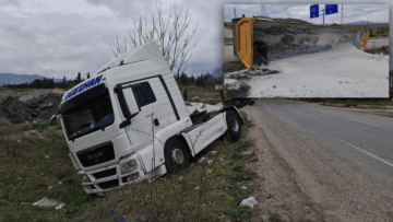 FRENLERİ BOŞALAN TIR DEVRİLDİ