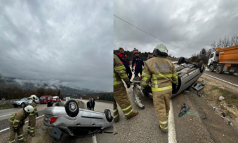 SAFRANBOLU’DA YOLDAN ÇIKAN ARAÇ TAKLA ATTI